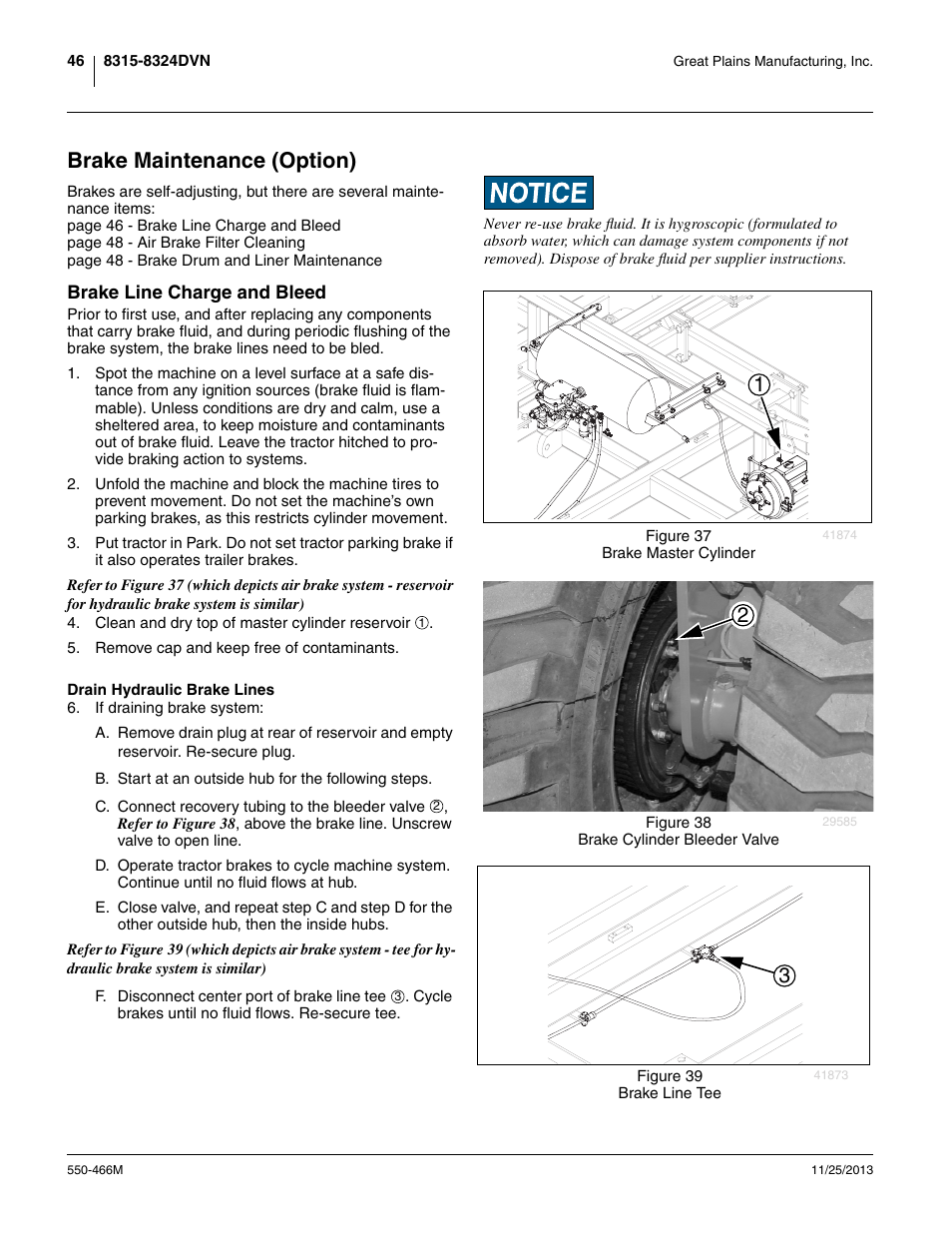 Brake maintenance (option), Brake line charge and bleed, Drain hydraulic brake lines | Great Plains DVN8324 Operator Manual User Manual | Page 50 / 78