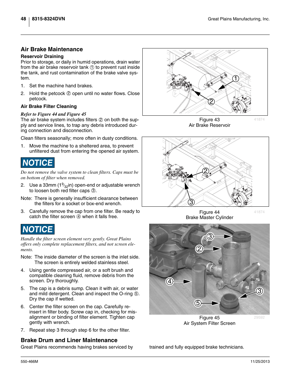 Air brake maintenance, Reservoir draining, Air brake filter cleaning | Brake drum and liner maintenance, Reservoir draining air brake filter cleaning | Great Plains DVN8324 Operator Manual User Manual | Page 52 / 78