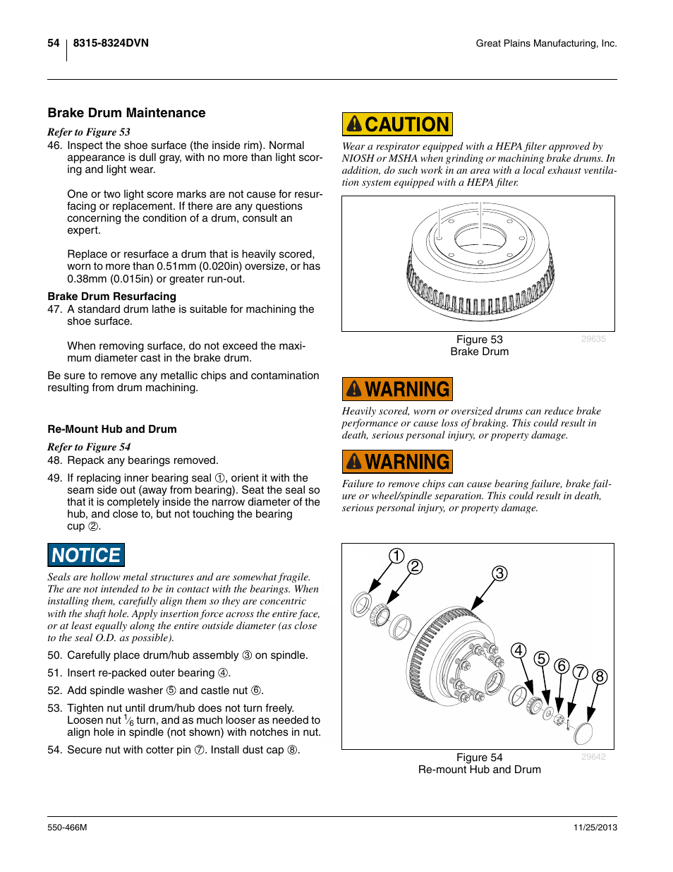 Brake drum maintenance, Brake drum resurfacing, Re-mount hub and drum | Great Plains DVN8324 Operator Manual User Manual | Page 58 / 78