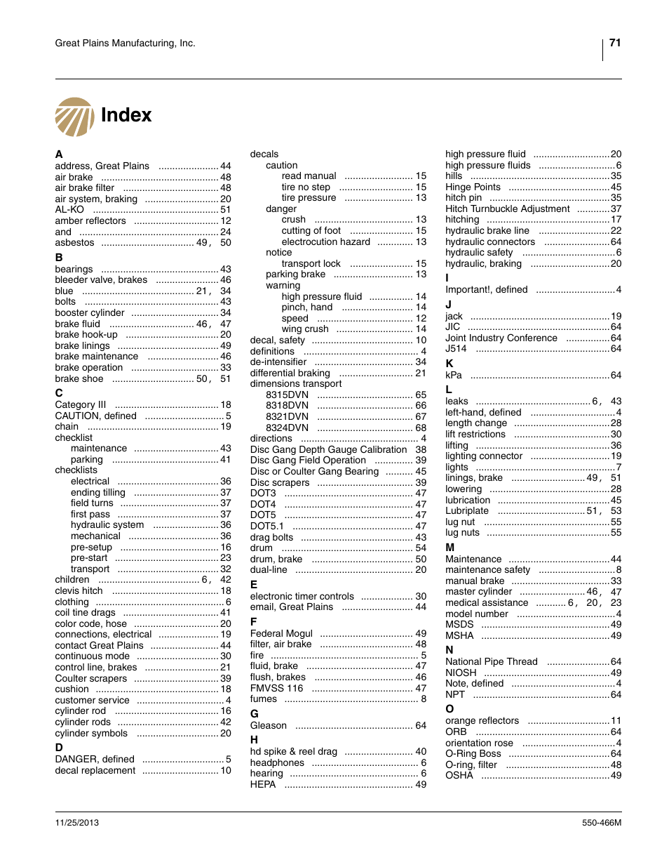Index | Great Plains DVN8324 Operator Manual User Manual | Page 75 / 78
