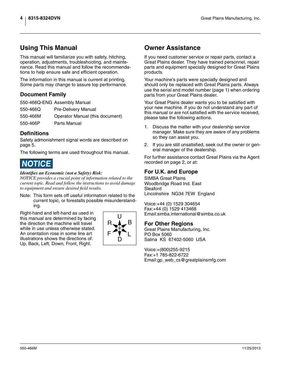 Using this manual, Document family, Definitions | Owner assistance, For u.k. and europe, Document family definitions | Great Plains DVN8324 Operator Manual User Manual | Page 8 / 78