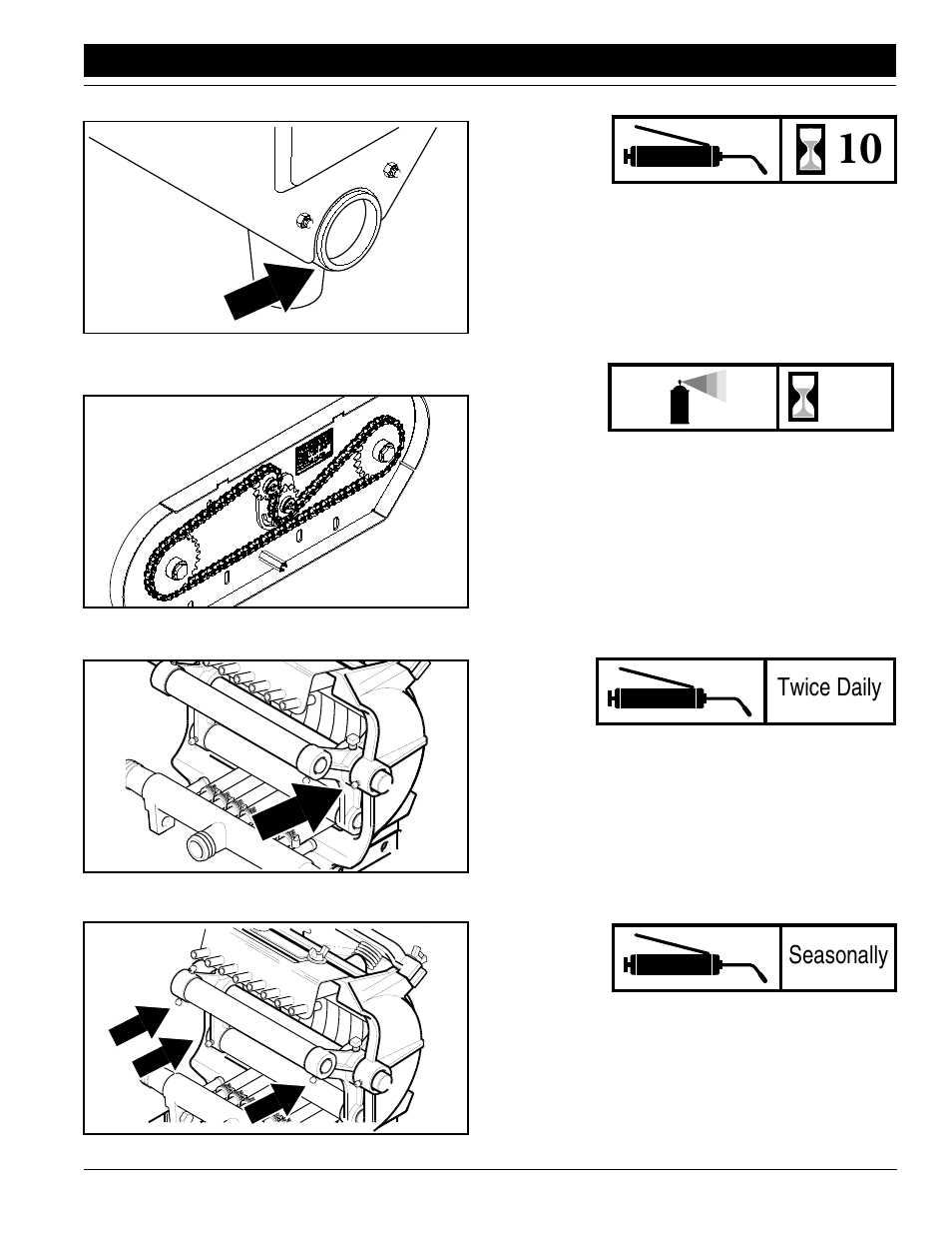 Seasonally, Twice daily | Great Plains PT8030 V1015 Operator Manual User Manual | Page 49 / 59