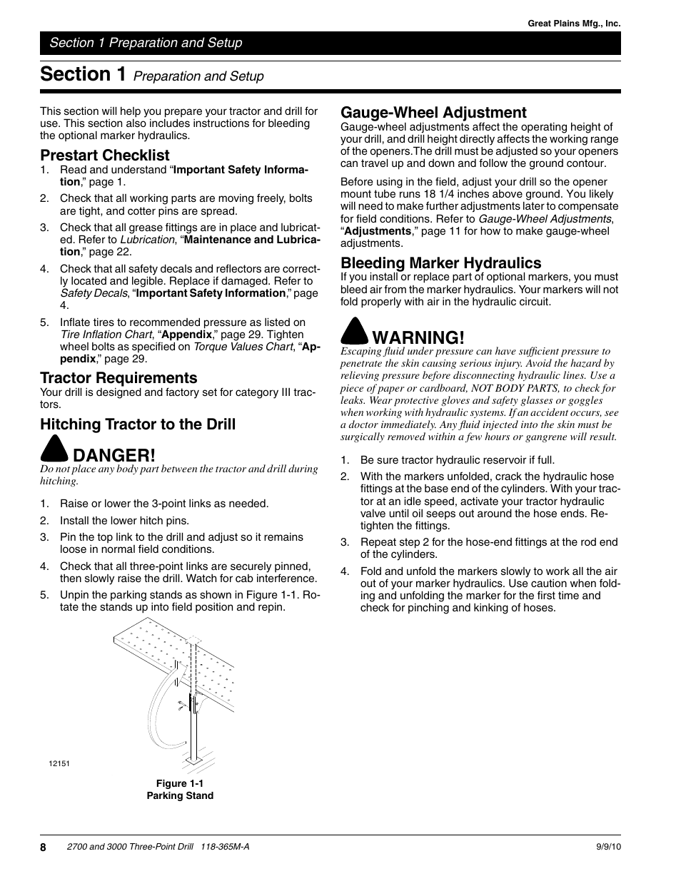 Danger, Warning, Prestart checklist | Tractor requirements, Hitching tractor to the drill, Gauge-wheel adjustment, Bleeding marker hydraulics | Great Plains 3000 Operator Manual User Manual | Page 10 / 33