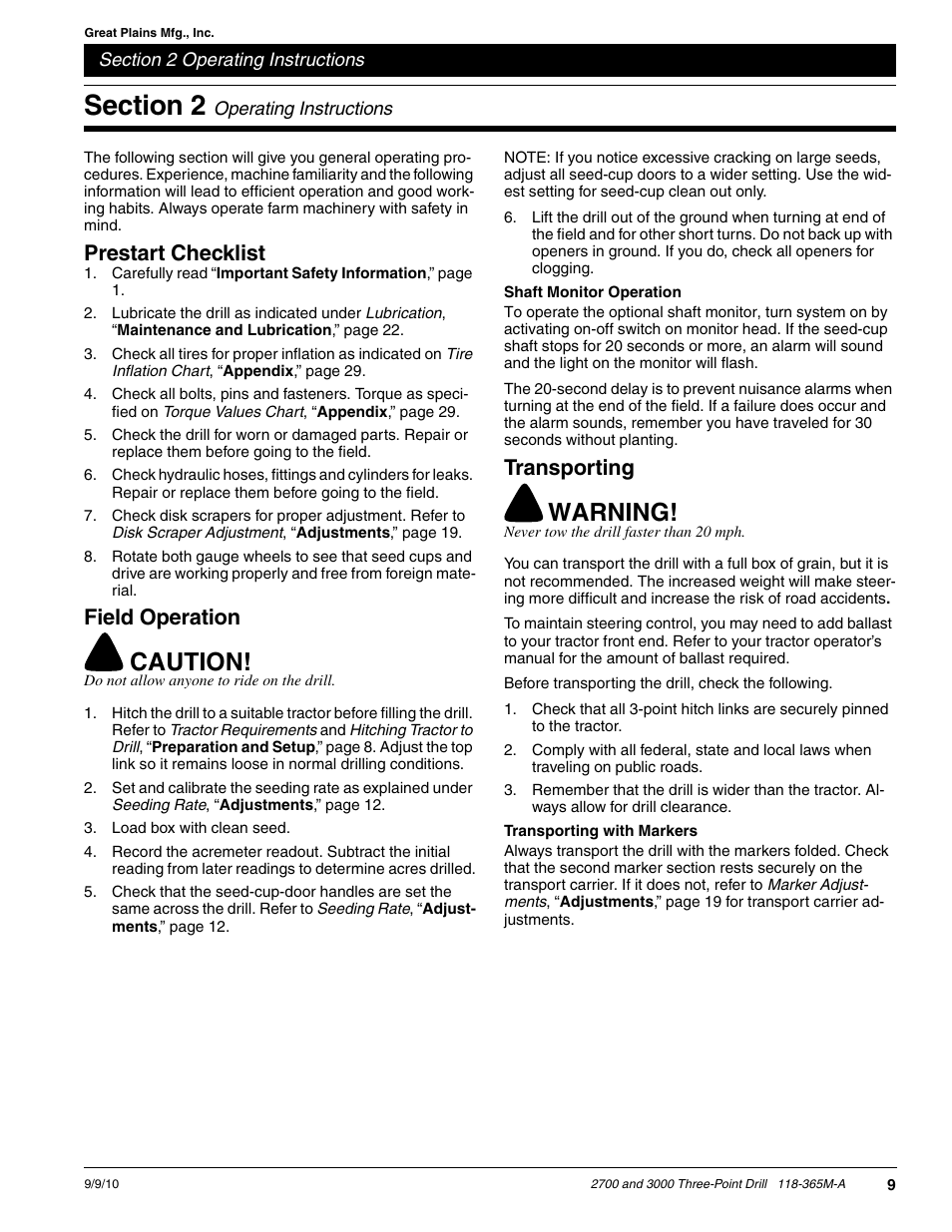 Caution, Warning, Prestart checklist | Field operation, Transporting | Great Plains 3000 Operator Manual User Manual | Page 11 / 33