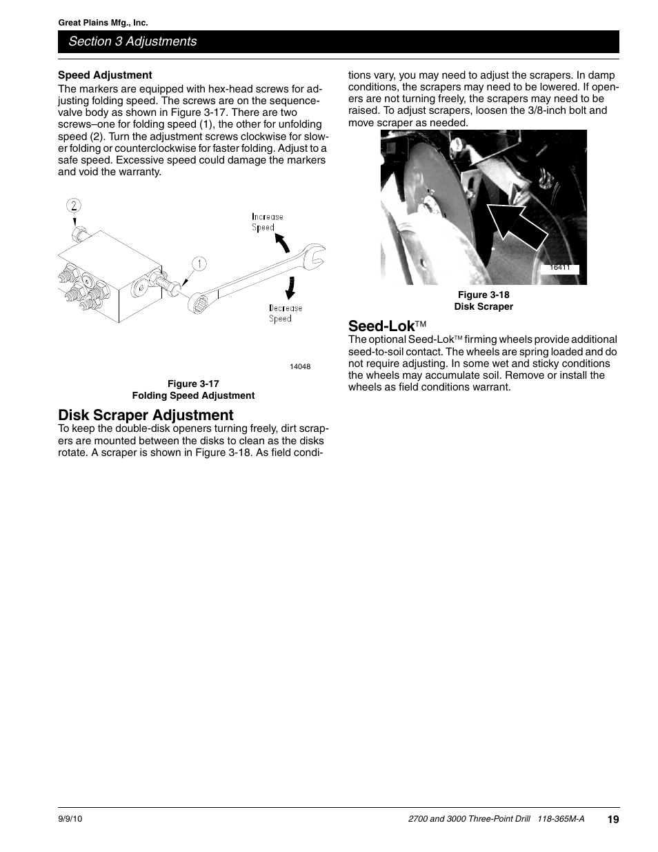 Disk scraper adjustment, Seed-lok | Great Plains 3000 Operator Manual User Manual | Page 21 / 33