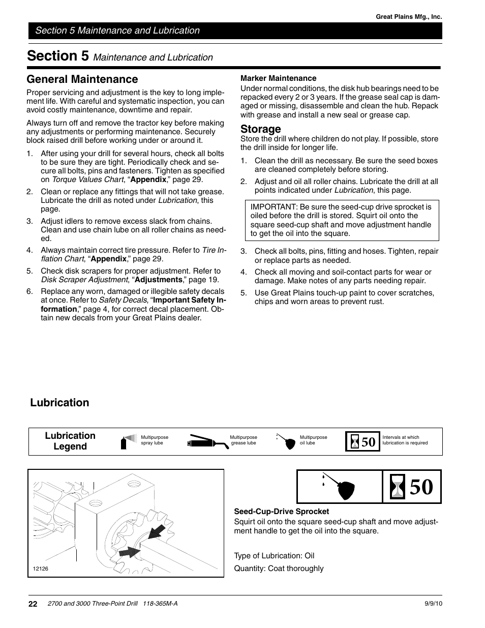 General maintenance, Storage, Lubrication | Great Plains 3000 Operator Manual User Manual | Page 24 / 33