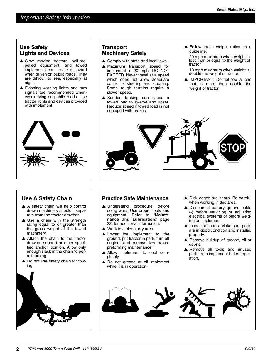 Important safety information, Transport machinery safely, Use safety lights and devices | Practice safe maintenance, Use a safety chain | Great Plains 3000 Operator Manual User Manual | Page 4 / 33