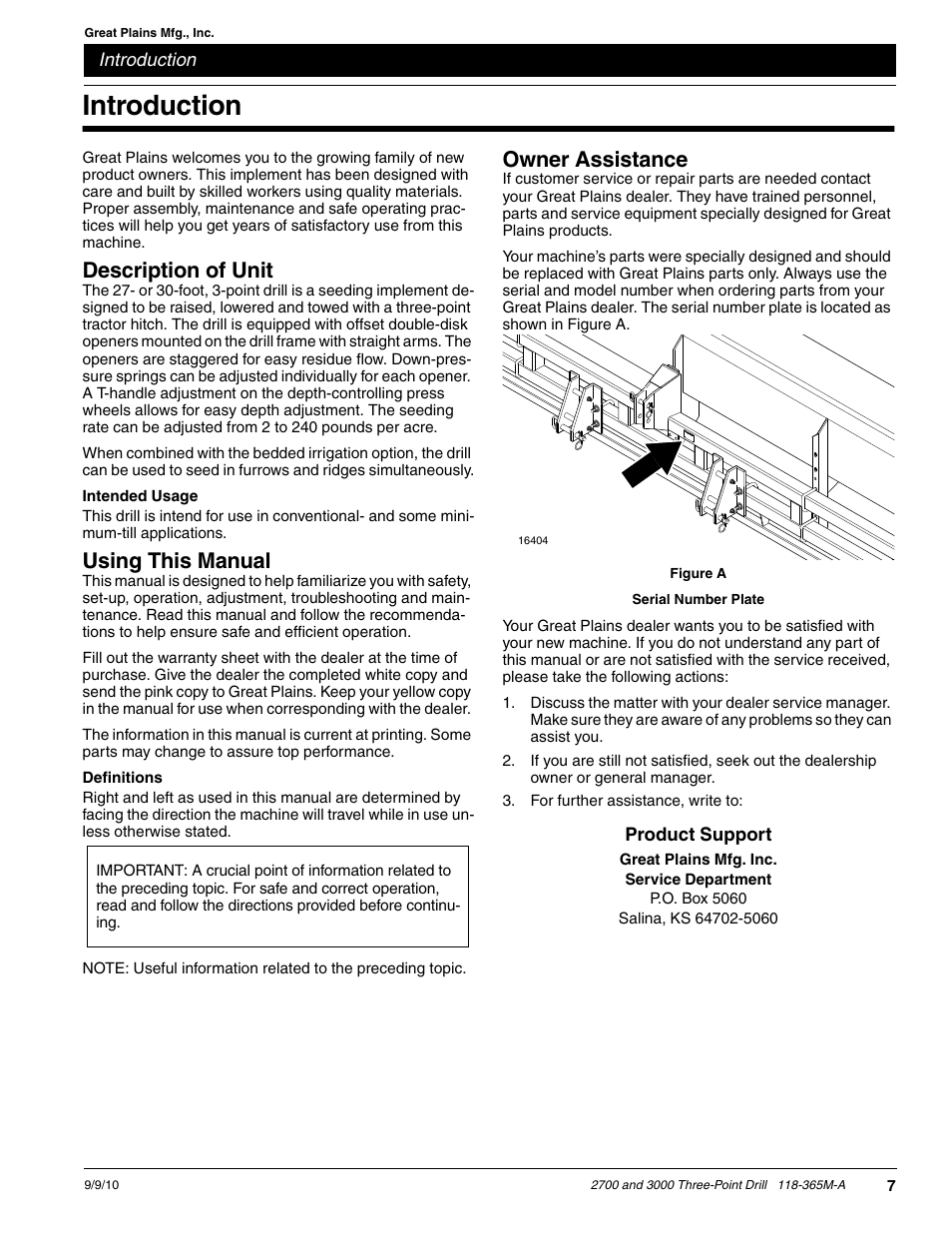 Introduction, Owner assistance, Description of unit | Using this manual | Great Plains 3000 Operator Manual User Manual | Page 9 / 33