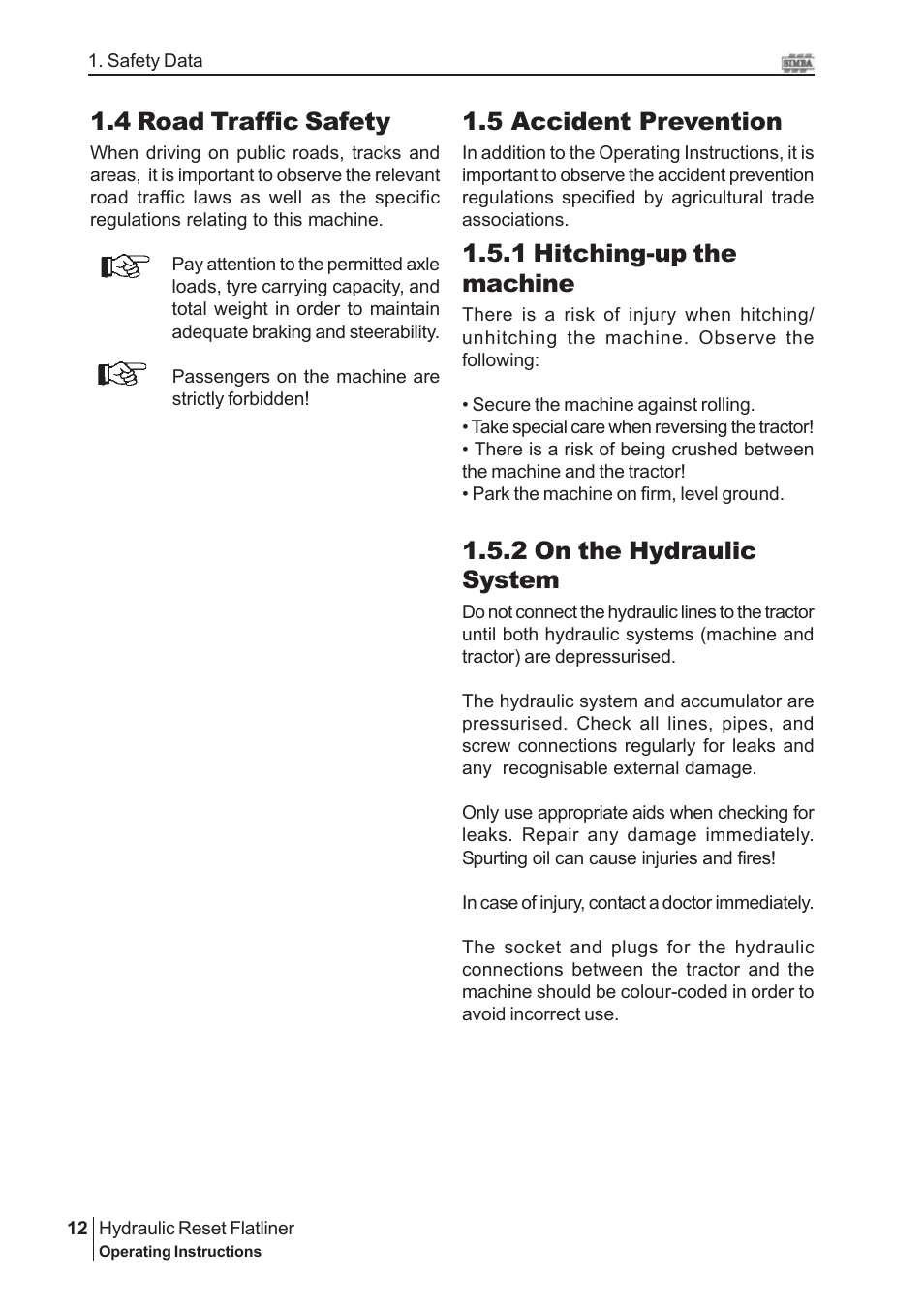 5 accident prevention, 1 hitching-up the machine, 2 on the hydraulic system | 4 road traffic safety | Great Plains P16229 Serial No 18007975 2008 User Manual | Page 12 / 30