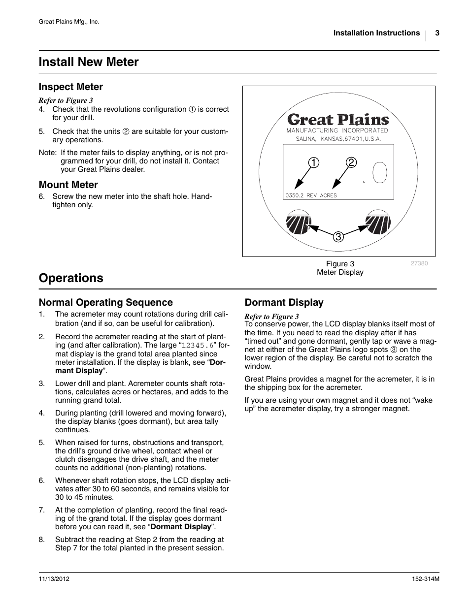 Install new meter, Inspect meter, Mount meter | Operations, Normal operating sequence, Dormant display | Great Plains Electronic Acremeter (Danaher) Assembly Instructions User Manual | Page 3 / 4