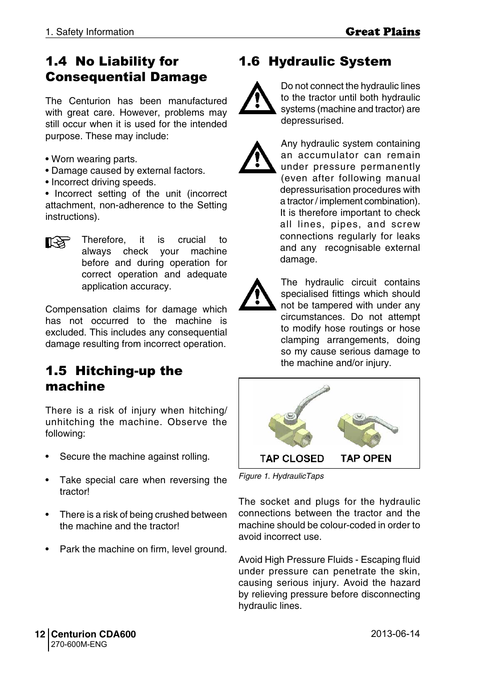 5 hitching-up the machine, 6 hydraulic system, 4 no liability for consequential damage | Great Plains CDA600 Operator Manual User Manual | Page 14 / 92