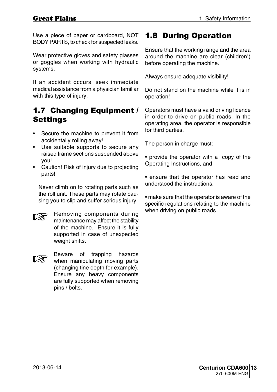 7 changing equipment / settings, 8 during operation | Great Plains CDA600 Operator Manual User Manual | Page 15 / 92
