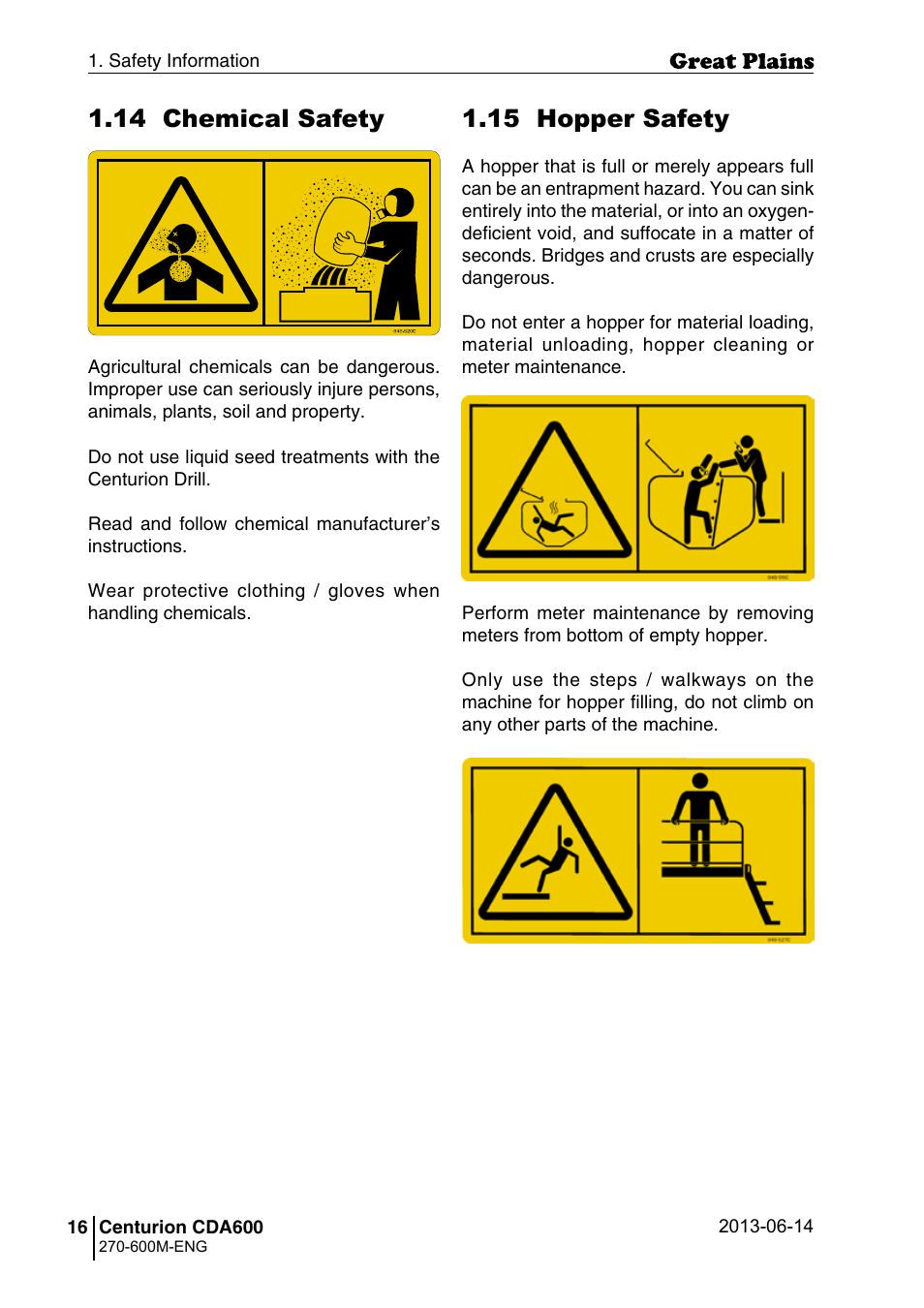 14 chemical safety, 15 hopper safety | Great Plains CDA600 Operator Manual User Manual | Page 18 / 92