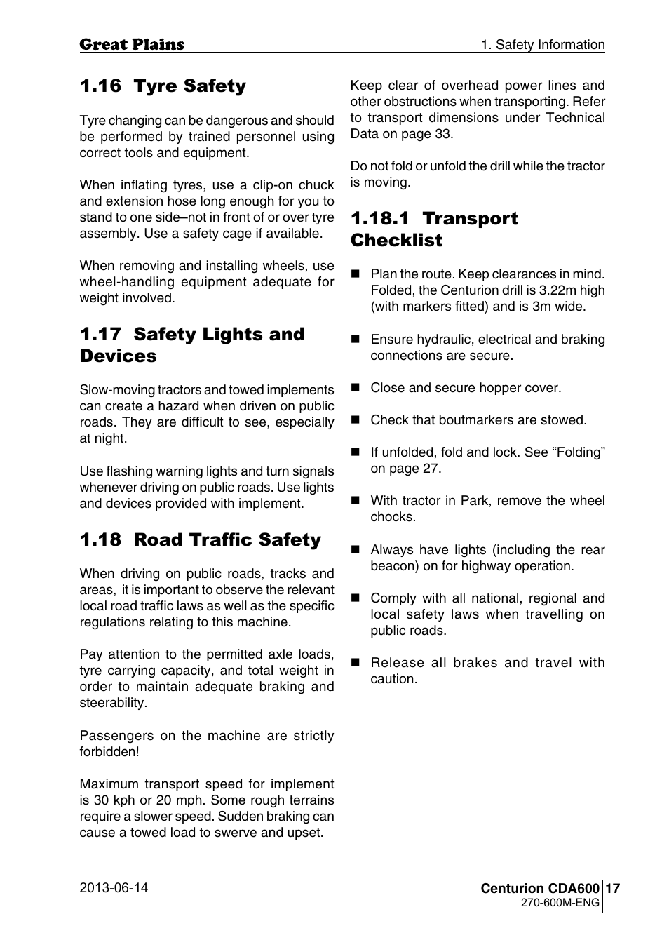 16 tyre safety, 17 safety lights and devices, 18 road traffic safety | 1 transport checklist | Great Plains CDA600 Operator Manual User Manual | Page 19 / 92