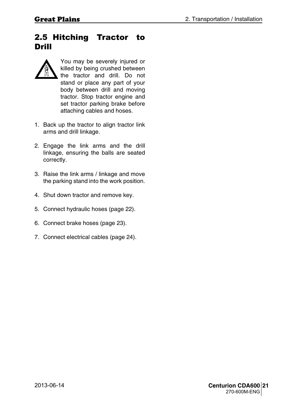 5 hitching tractor to drill | Great Plains CDA600 Operator Manual User Manual | Page 23 / 92