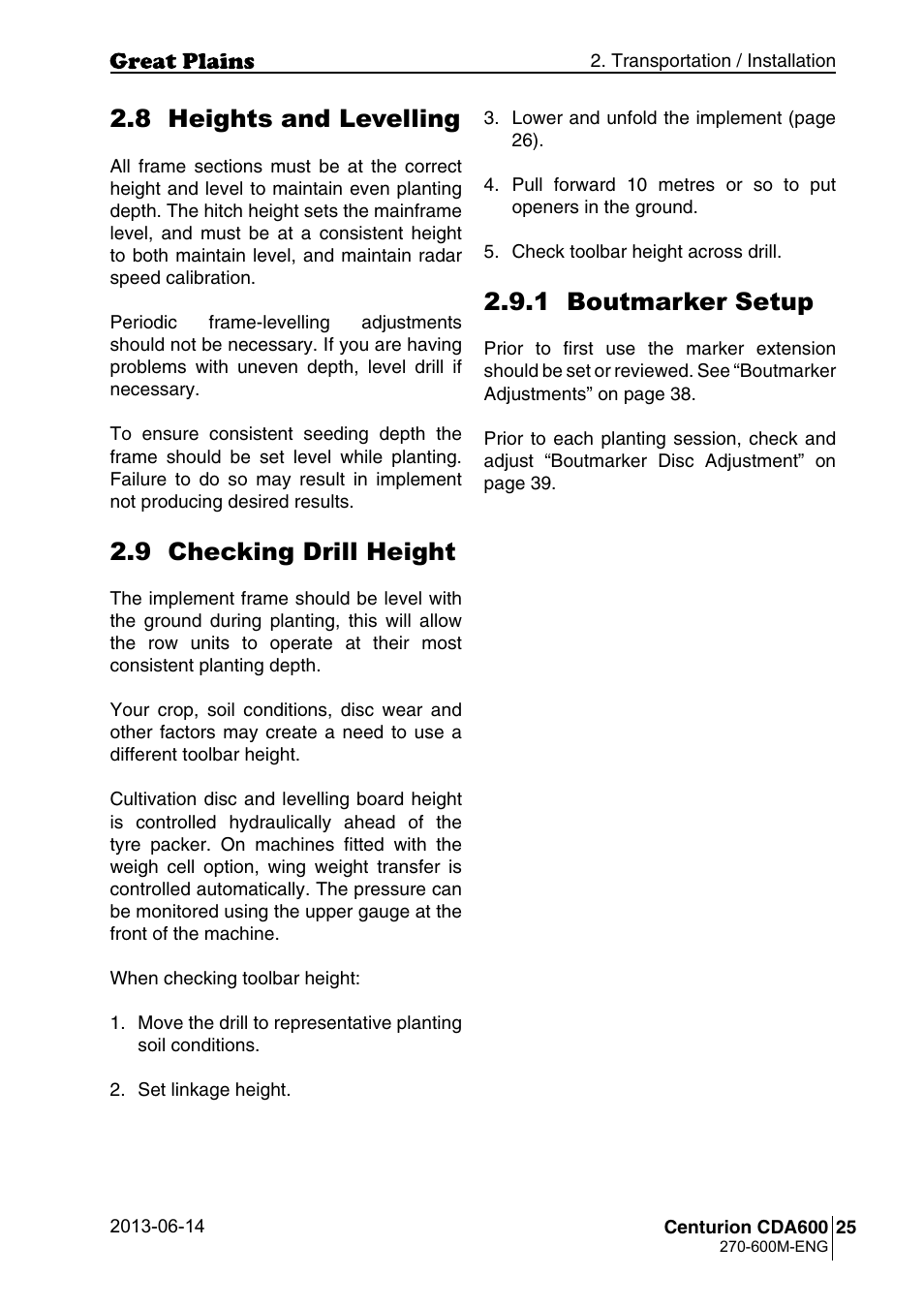 8 heights and levelling, 9 checking drill height, 1 boutmarker setup | Great Plains CDA600 Operator Manual User Manual | Page 27 / 92