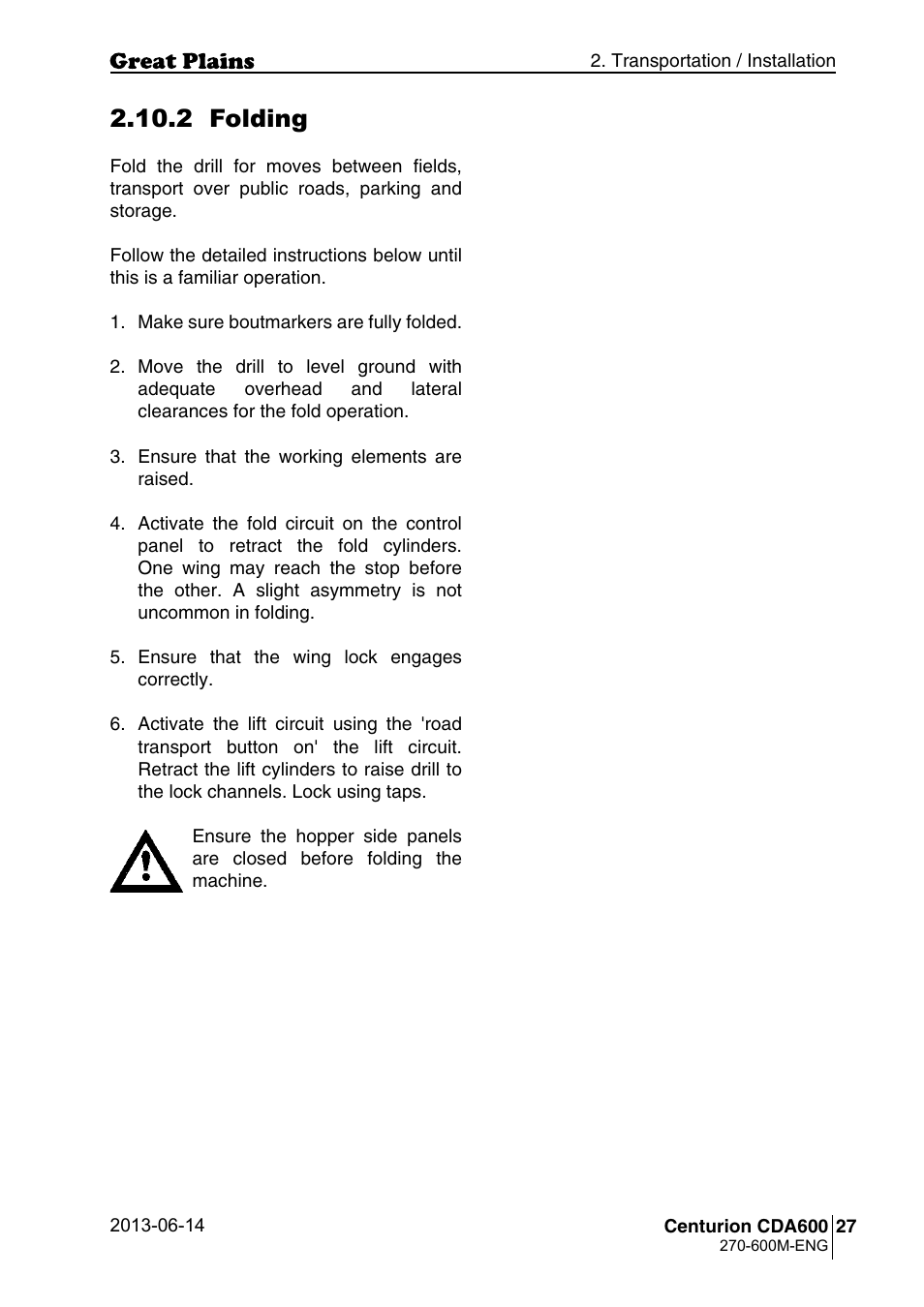 2 folding | Great Plains CDA600 Operator Manual User Manual | Page 29 / 92