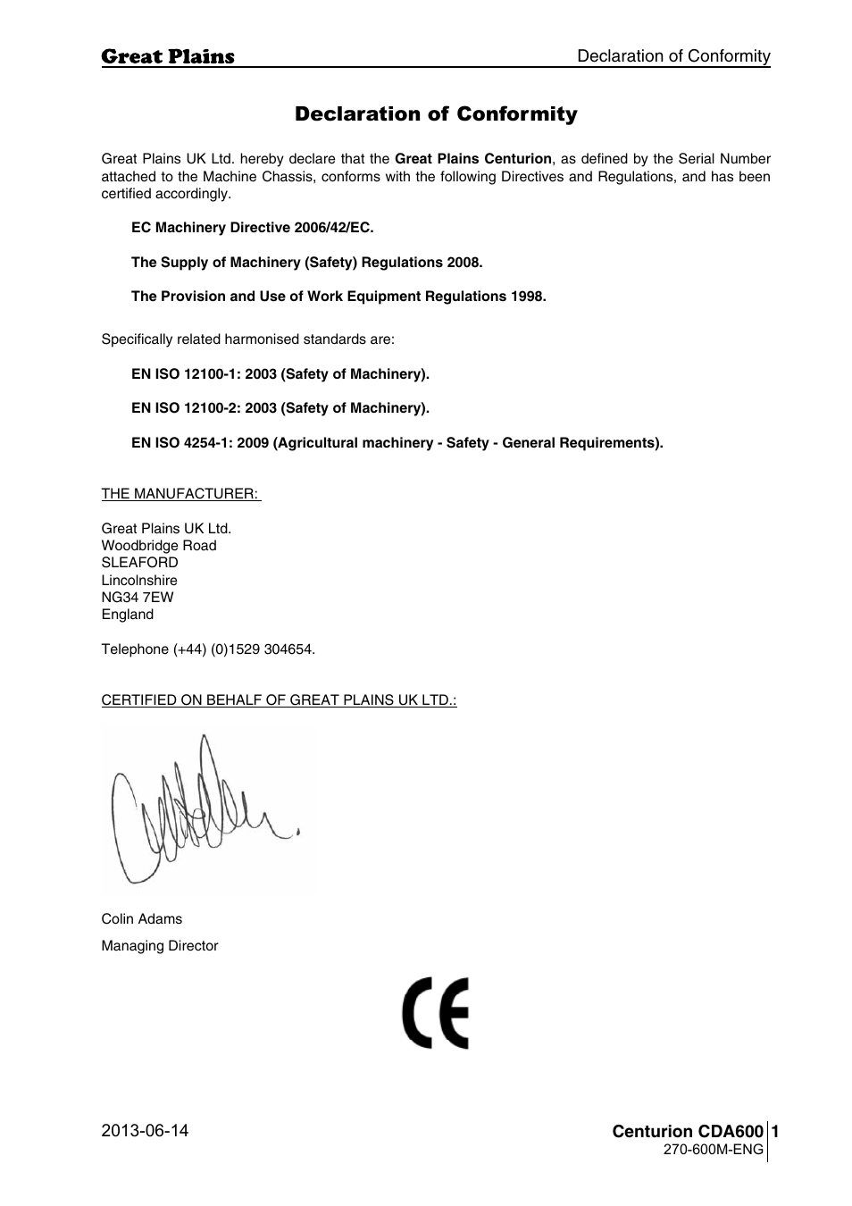 Declaration of conformity | Great Plains CDA600 Operator Manual User Manual | Page 3 / 92