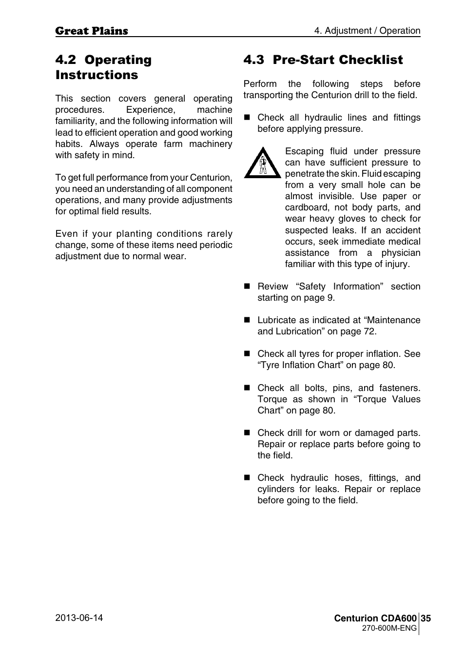 3 pre-start checklist, 2 operating instructions | Great Plains CDA600 Operator Manual User Manual | Page 37 / 92