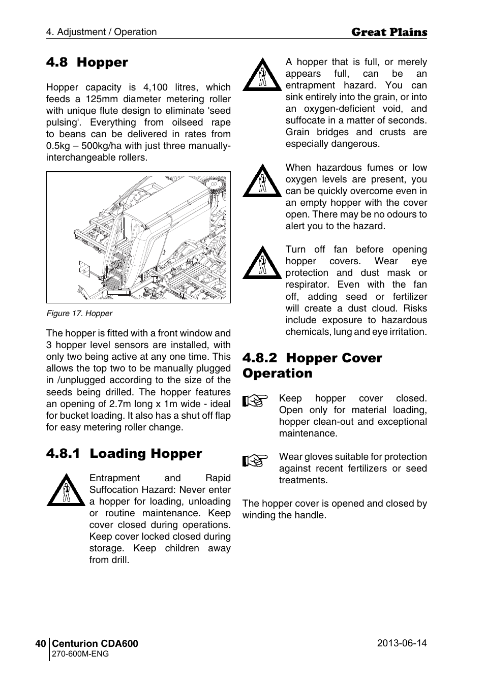 8 hopper, 1 loading hopper, 2 hopper cover operation | Great Plains CDA600 Operator Manual User Manual | Page 42 / 92