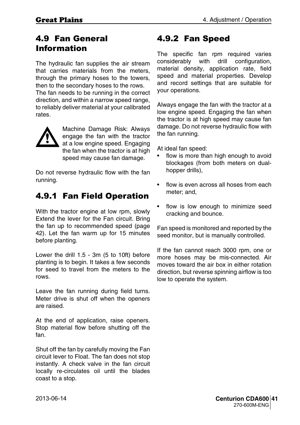 9 fan general information, 1 fan field operation, 2 fan speed | Great Plains CDA600 Operator Manual User Manual | Page 43 / 92