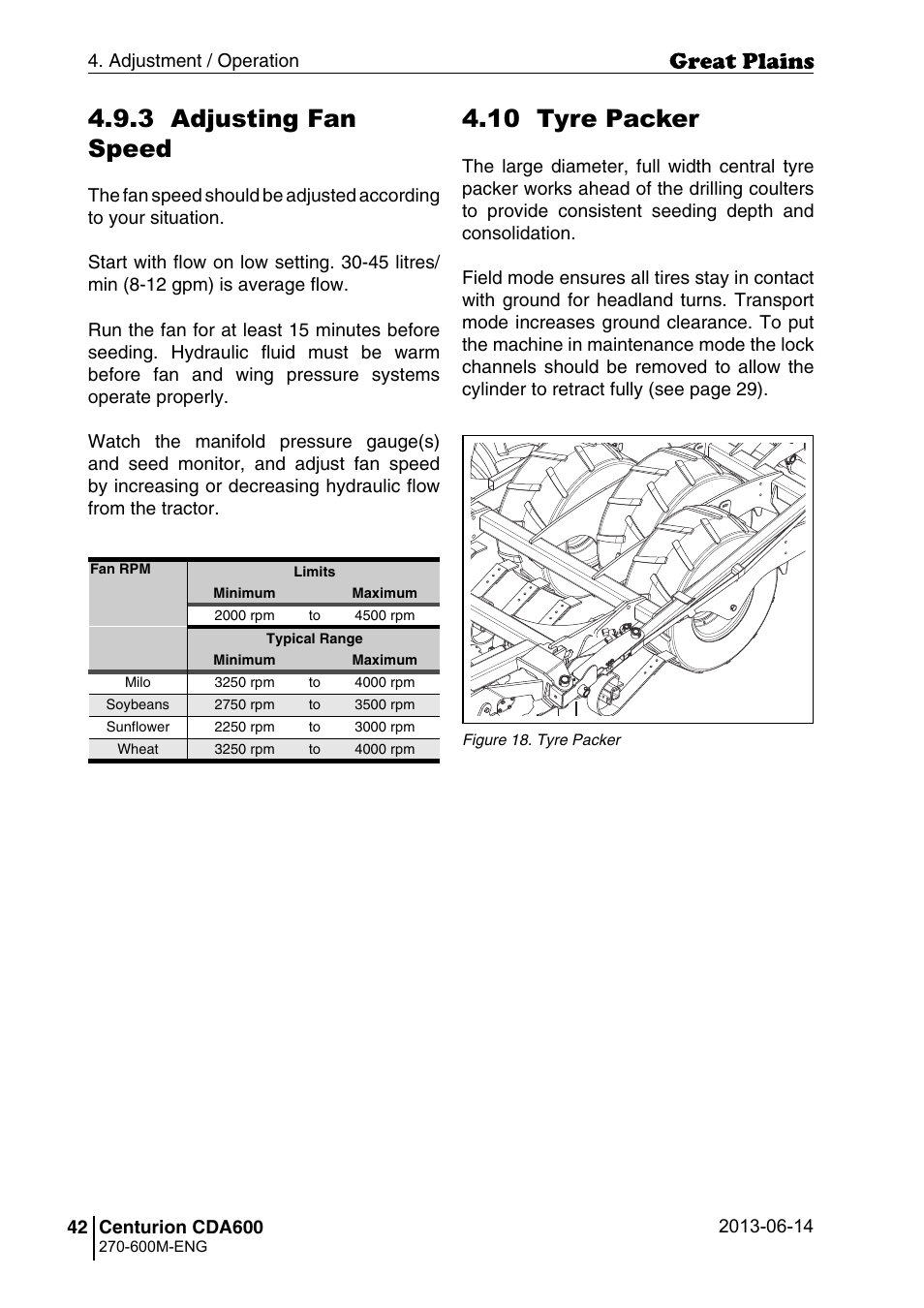 10 tyre packer, 3 adjusting fan speed, Centurion cda600 | Adjustment / operation | Great Plains CDA600 Operator Manual User Manual | Page 44 / 92