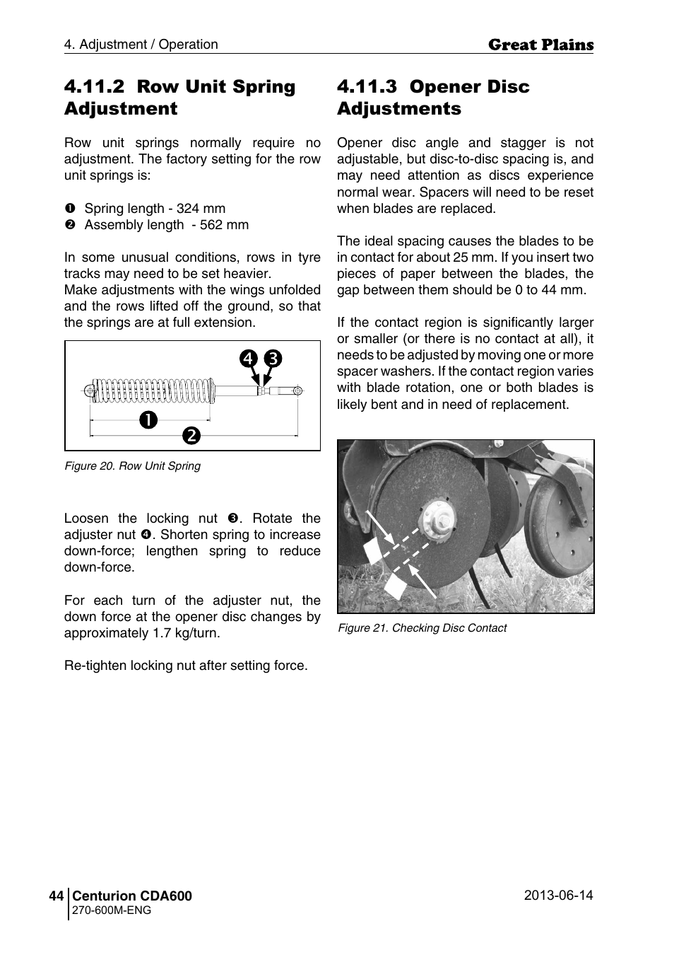 2 row unit spring adjustment, 3 opener disc adjustments | Great Plains CDA600 Operator Manual User Manual | Page 46 / 92
