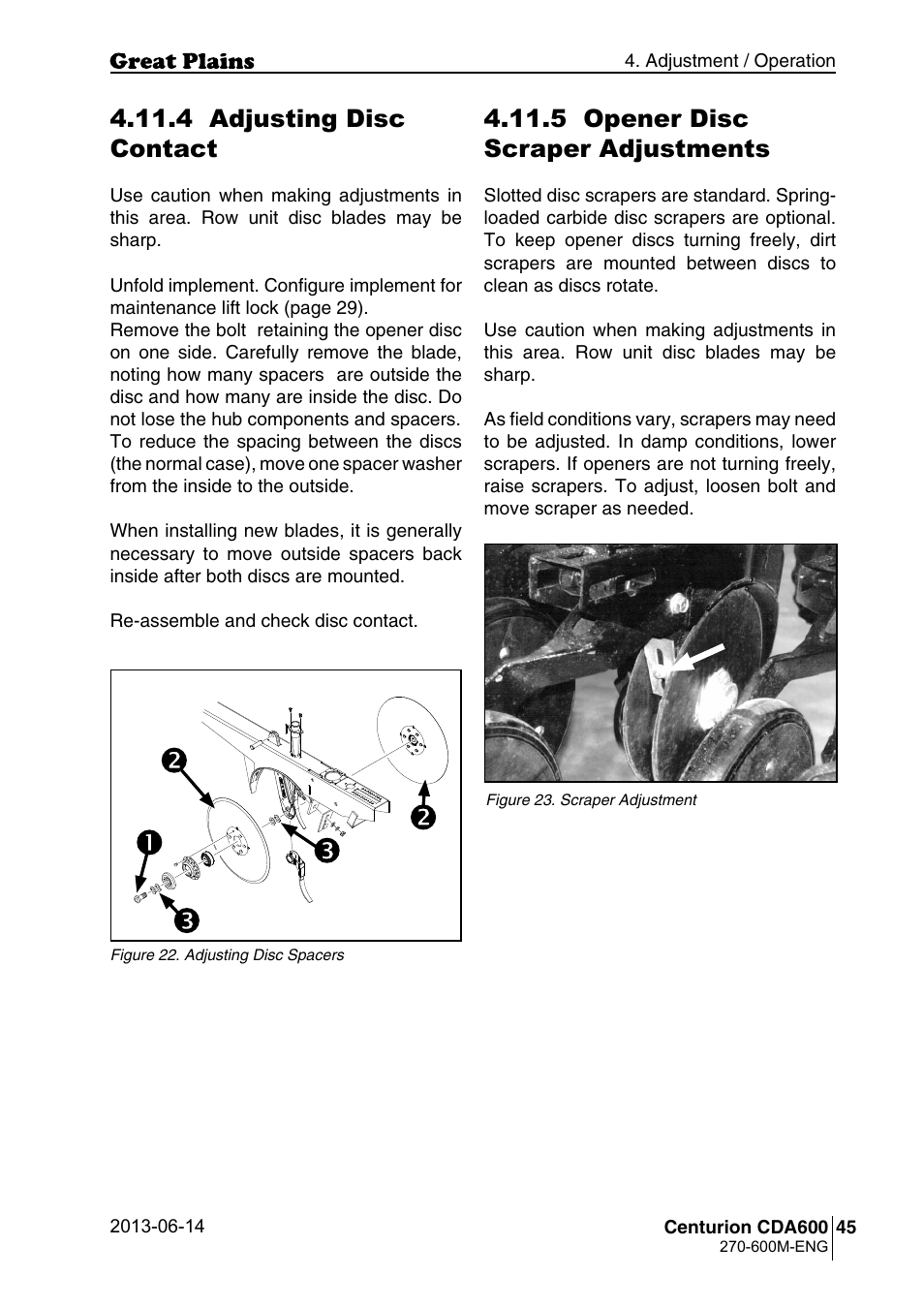 4 adjusting disc contact, 5 opener disc scraper adjustments | Great Plains CDA600 Operator Manual User Manual | Page 47 / 92