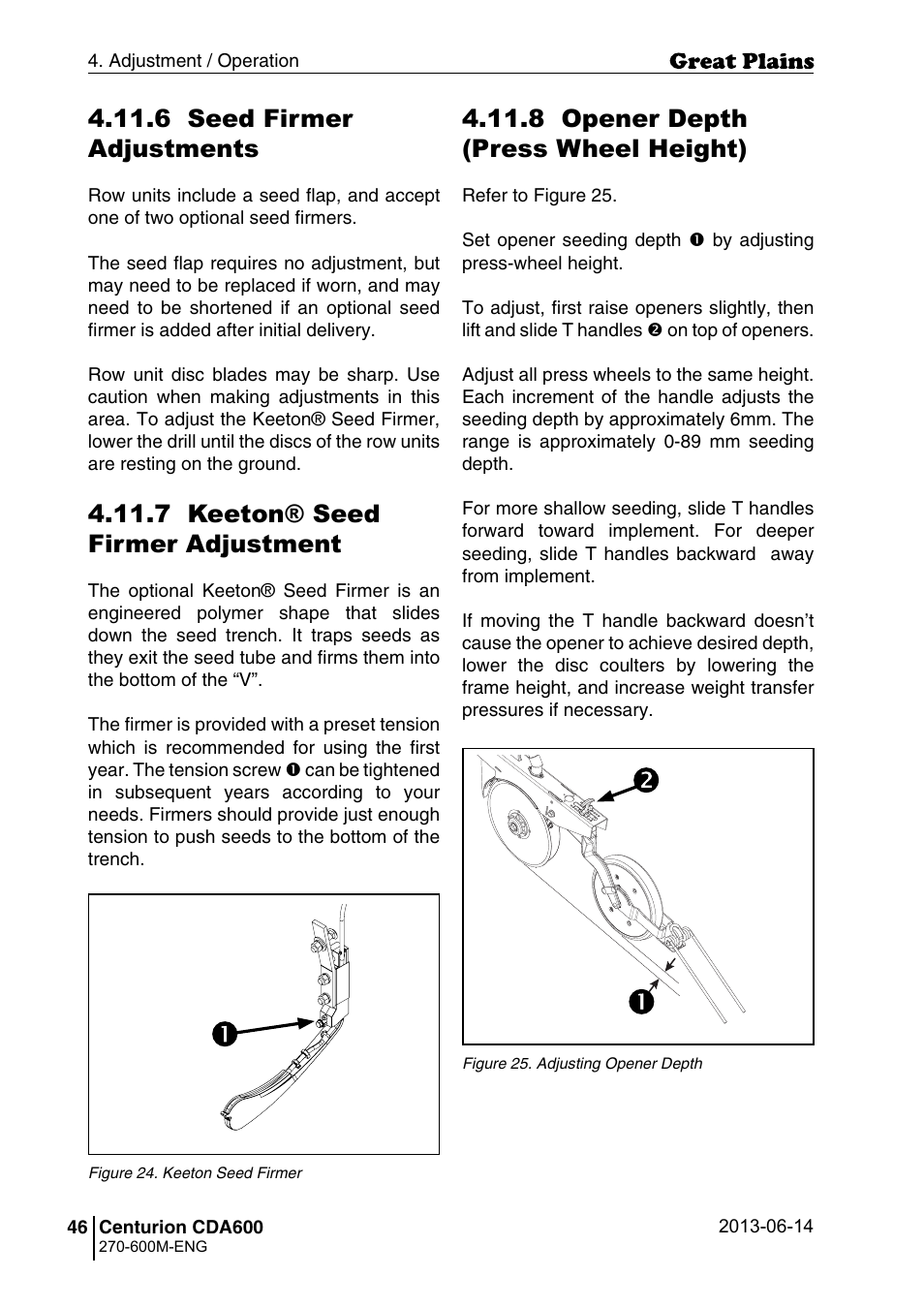 6 seed firmer adjustments, 7 keeton® seed firmer adjustment, 8 opener depth (press wheel height) | Great Plains CDA600 Operator Manual User Manual | Page 48 / 92