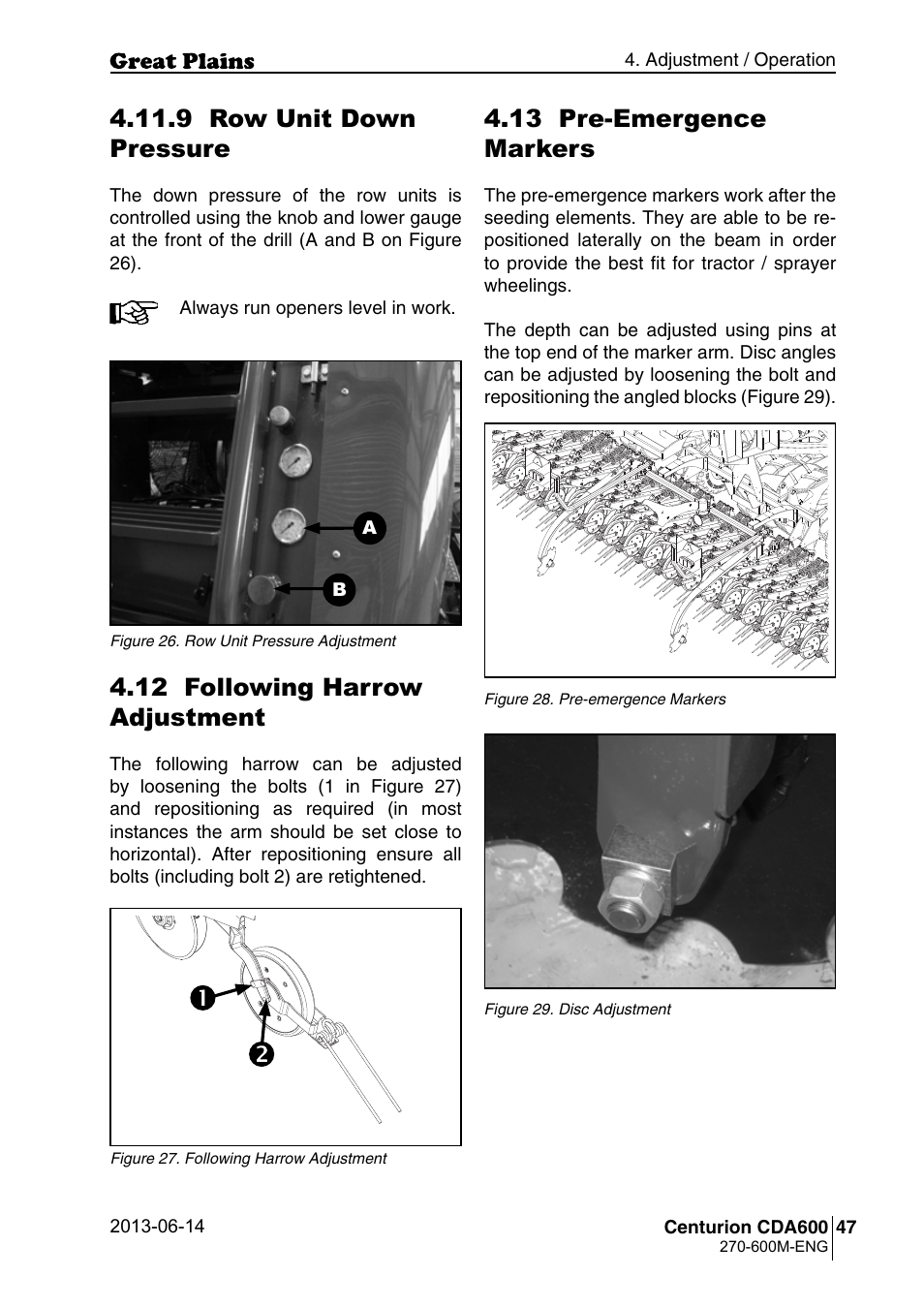 12 following harrow adjustment, 9 row unit down pressure, 13 pre-emergence markers | Great Plains CDA600 Operator Manual User Manual | Page 49 / 92