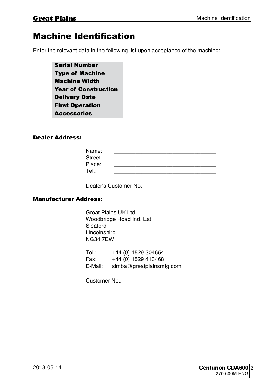 Machine identification | Great Plains CDA600 Operator Manual User Manual | Page 5 / 92