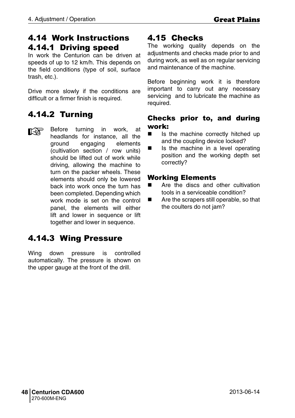 2 turning, 3 wing pressure, 15 checks | Great Plains CDA600 Operator Manual User Manual | Page 50 / 92