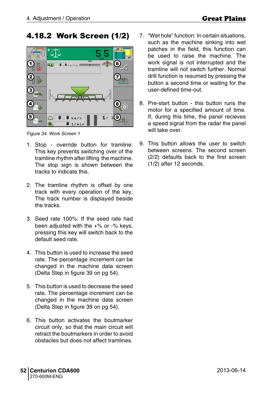 2 work screen (1/2) | Great Plains CDA600 Operator Manual User Manual | Page 54 / 92