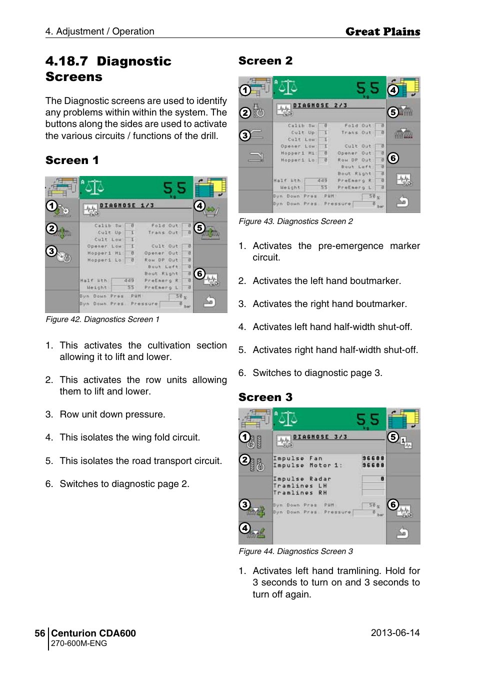 7 diagnostic screens | Great Plains CDA600 Operator Manual User Manual | Page 58 / 92