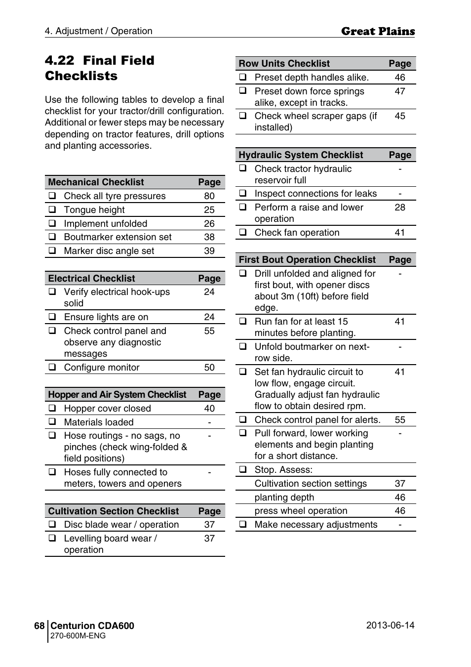 22 final field checklists | Great Plains CDA600 Operator Manual User Manual | Page 70 / 92