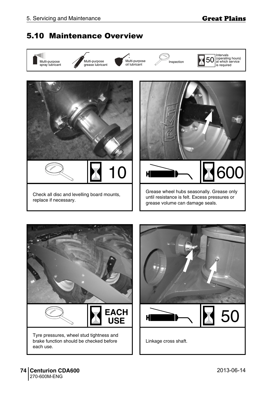 Each use, 10 maintenance overview | Great Plains CDA600 Operator Manual User Manual | Page 76 / 92