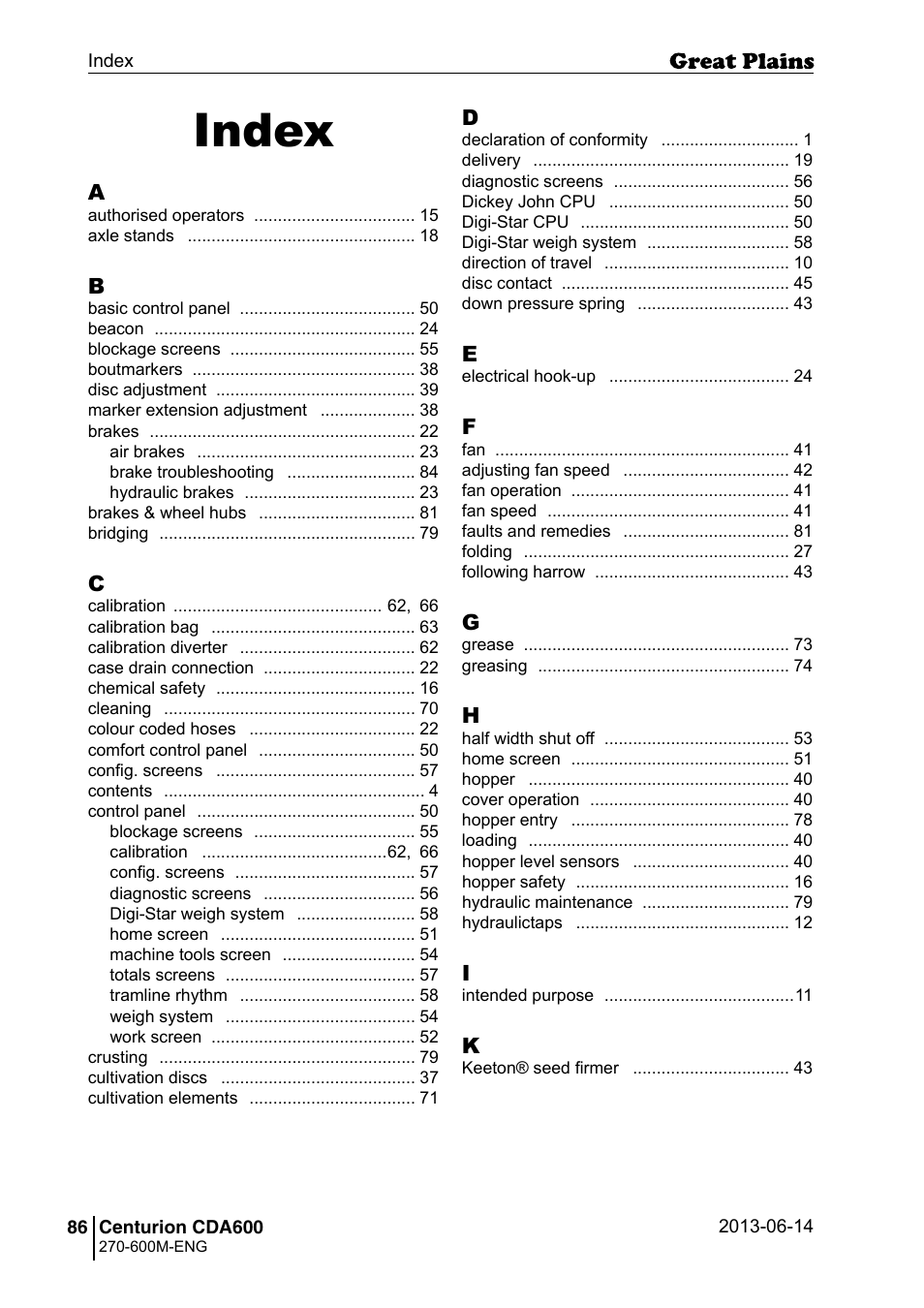 Index | Great Plains CDA600 Operator Manual User Manual | Page 88 / 92