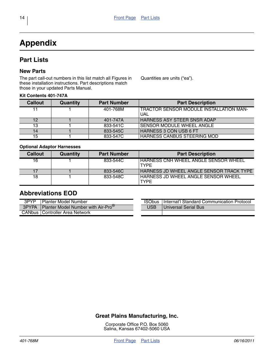 Appendix, Part lists, Ange 11 to 18 ref | 546c harness jd wheel angle sensor, Track type, 548c harness jd wheel angle sensor, Wheel type, 544c harness cnh wheel angle sen, Sor wheel type, 548c where wheel sensor w | Great Plains 3PYPA Planters User Manual | Page 14 / 14