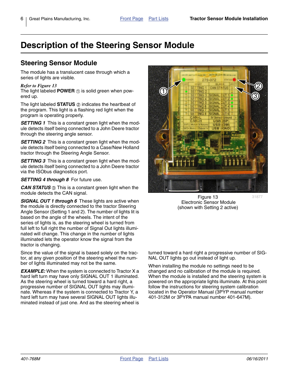 Description of the steering sensor module, Steering sensor module | Great Plains 3PYPA Planters User Manual | Page 6 / 14