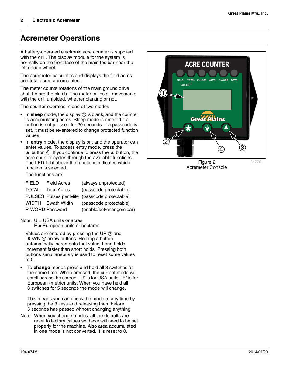 Acremeter operations | Great Plains Electronic Acremeter User Manual | Page 2 / 34