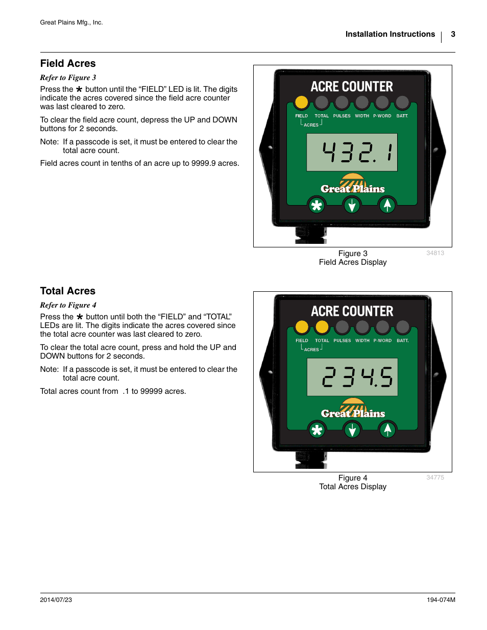 Field acres, Total acres | Great Plains Electronic Acremeter User Manual | Page 3 / 34