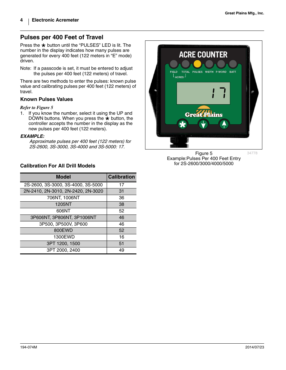 Pulses per 400 feet of travel | Great Plains Electronic Acremeter User Manual | Page 4 / 34