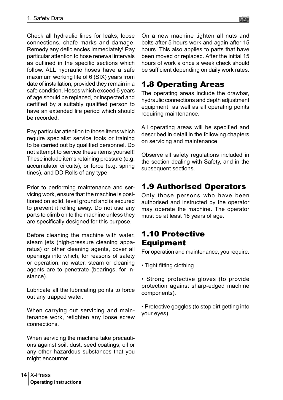 8 operating areas, 9 authorised operators, 10 protective equipment | Great Plains P17897B Operator Manual User Manual | Page 14 / 176