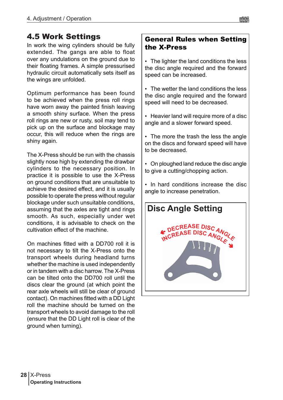 Disc angle setting, 5 work settings | Great Plains P17897B Operator Manual User Manual | Page 28 / 176