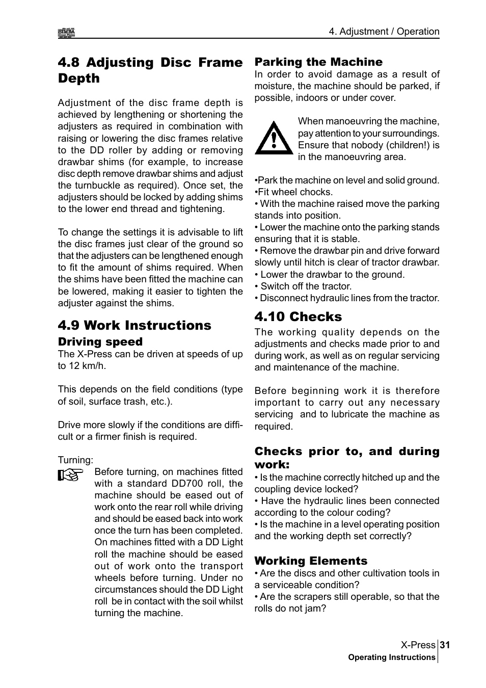 9 work instructions, 10 checks, 8 adjusting disc frame depth | Great Plains P17897B Operator Manual User Manual | Page 31 / 176