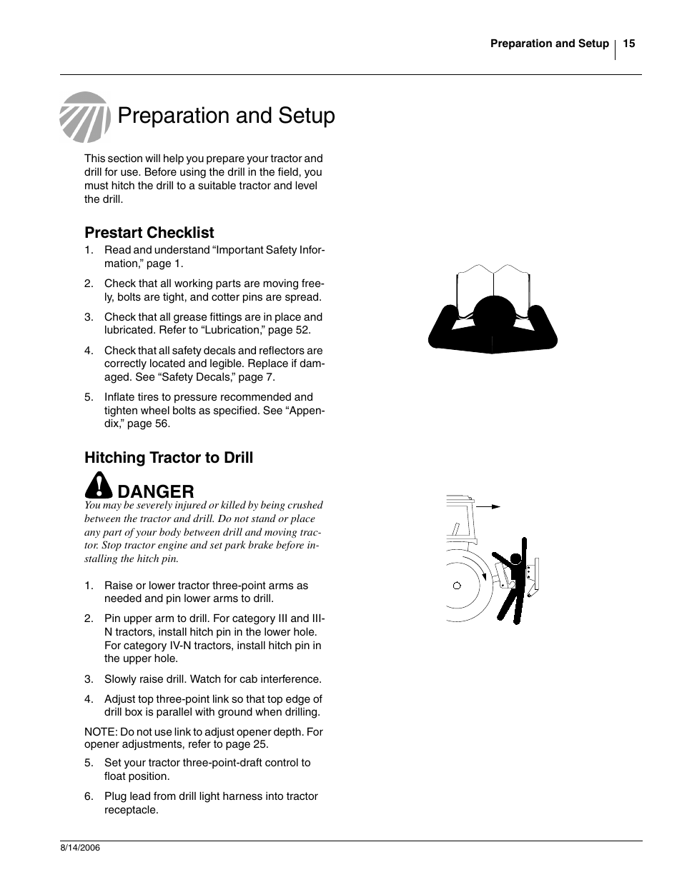 Preparation and setup, Prestart checklist, Hitching tractor to drill | Danger | Great Plains 2420F Operator Manual User Manual | Page 17 / 64