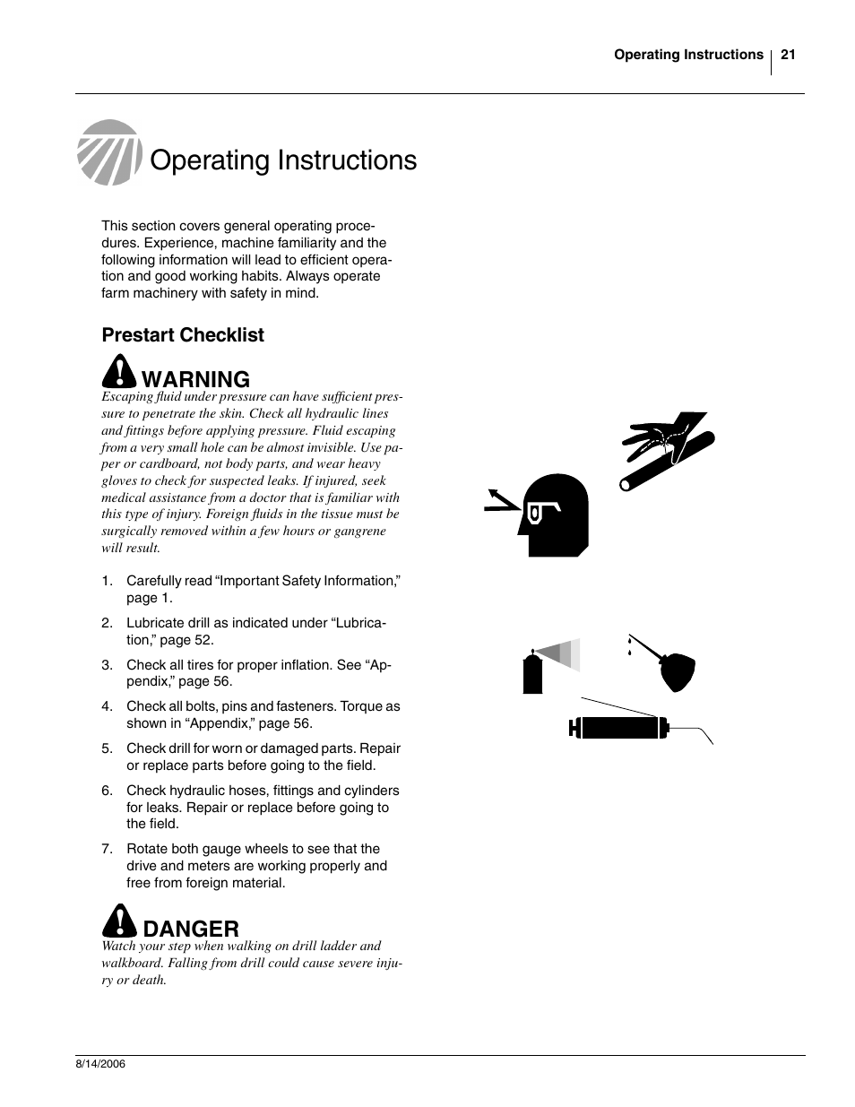 Operating instructions, Prestart checklist, Warning | Danger | Great Plains 2420F Operator Manual User Manual | Page 23 / 64