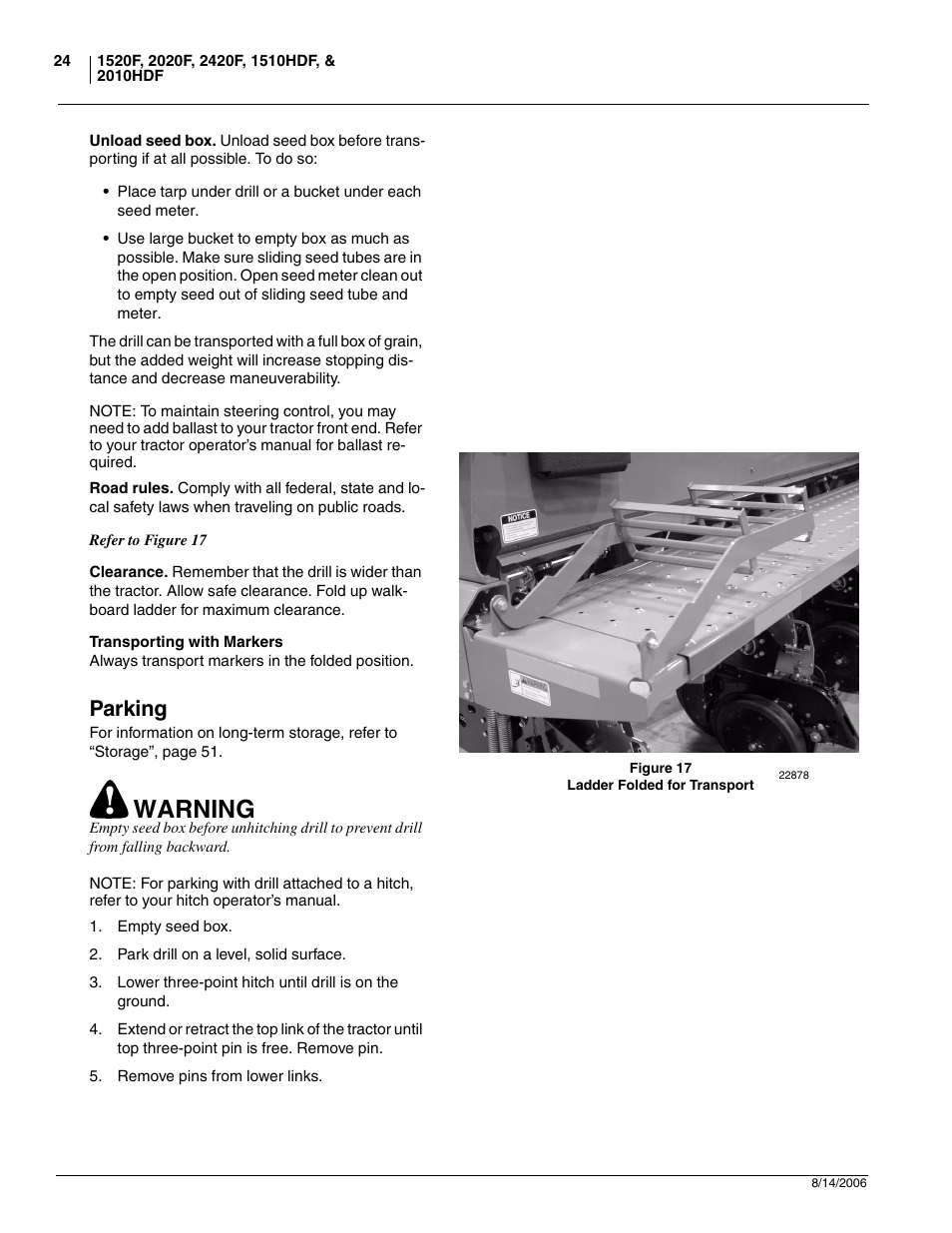 Transporting with markers, Parking, Warning | Great Plains 2420F Operator Manual User Manual | Page 26 / 64