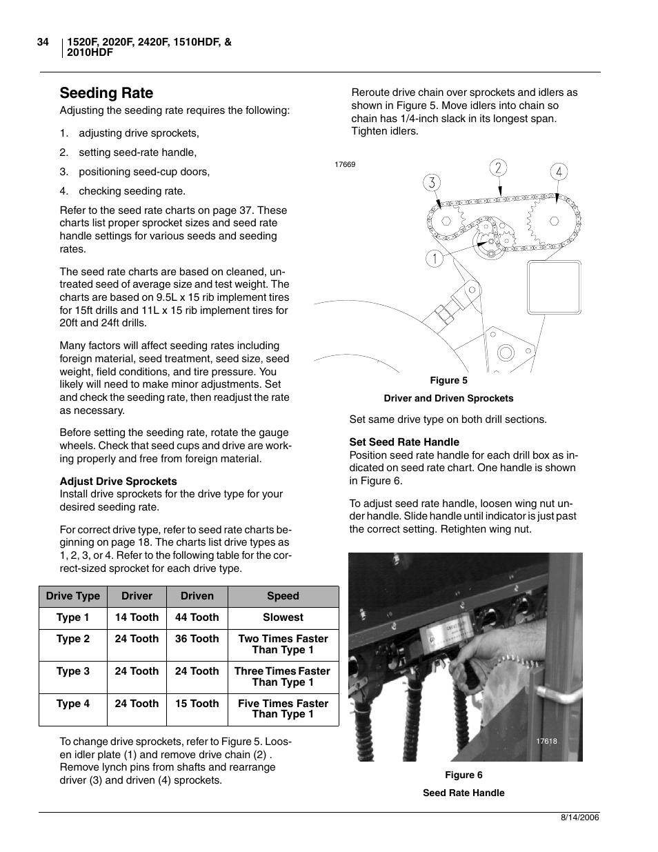 Seeding rate, Adjust drive sprockets, Set seed rate handle | Great Plains 2420F Operator Manual User Manual | Page 36 / 64