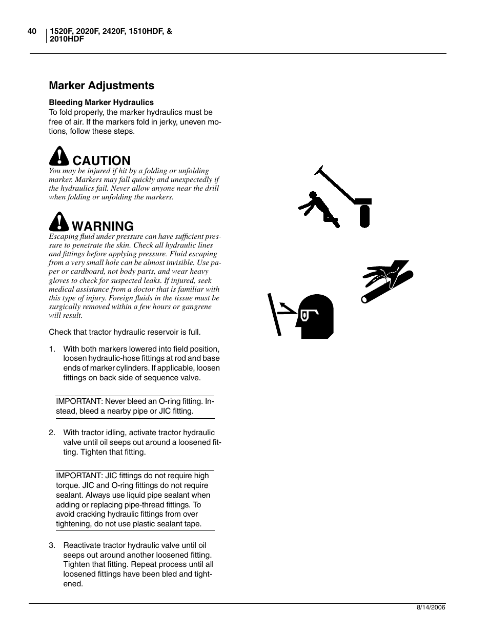 Marker adjustments, Bleeding marker hydraulics, Caution | Warning | Great Plains 2420F Operator Manual User Manual | Page 42 / 64